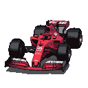 A vibrant red Formula 1 race car, shown from a front-three-quarter angle, against a black background.