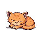 A fluffy orange kitten sleeps curled in a ball.