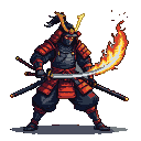 Fierce samurai in dark armor with red and gold accents, golden horns on helmet, glowing red eyes, holding a silver katana and a large sword wreathed in pixelated flames.