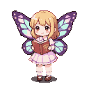 Adorable pixie with blonde hair, smiling, wearing a frilly pink dress and white stockings, reading a book. She has large, delicate purple and light blue butterfly wings with speckles.