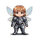 A diminutive pixie in gleaming pixelated knight's armor with iridescent wings, large expressive eyes.