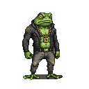 A tough frog character in a black leather jacket, gold chain, and distressed grey pants, standing defiantly.
