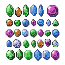 A collection of pixelated gemstones in emerald green, sapphire blue, amethyst purple, and amber, arranged on a black background.