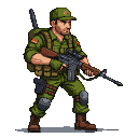 Veteran soldier in green uniform with webbing, holding a rifle and a holstered pistol.
