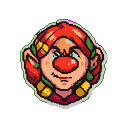 A cheerful pixel character with a red nose, rosy cheeks, and red hair adorned with green leaves and yellow accents.