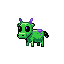 A curious green alien cow with large dark purple eyes and two small purple horns. Its body has irregular purple splotches.