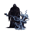 A hooded, faceless figure holds a colossal axe crackling with blue lightning.