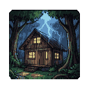 A rustic wooden cabin with glowing windows sits in a dark forest under a stormy sky with lightning.