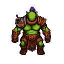 Muscular orc with green skin, purple hair, and brown leather armor, viewed from behind.