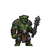 A muscular green orc warrior with red eyes, wearing blood-stained armor and holding a spiked mace.