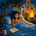 Young person in bed, propped on pillows, holding a cigarette to their lips and exhaling smoke. A lava lamp casts orange and yellow light. A bedside table holds a book and juice carton, with plants on a shelf above the bed.