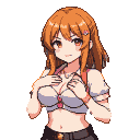 Young woman with auburn hair, expressive eyes, and a shy expression, hands clasped over her chest, wearing a white cropped top and dark shorts.