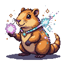 A mystical capybara with a jewel-encrusted collar, holding a glowing orb and emitting cosmic energy with twinkling stars.