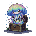 Ethereal jellyfish with iridescent purple, blue, and yellow bell, large dark eyes, and glowing tendrils, hovering protectively over a treasure chest filled with shimmering crystals.