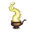 A luminous, ethereal will-o'-the-wisp of yellow and orange energy erupts from an ornate, brown and purple lamp, with scattered sparks against a dark background.