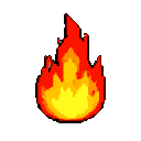 A vibrant pixelated flame with a white-yellow core, transitioning to orange and red at the edges, against a black background.