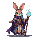 Anthropomorphic rabbit mage with long ears, wearing a purple cloak and ornate chest armor with blue gems, holding a rune-carved wooden staff emitting a blue magical glow.