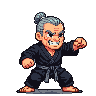 Elderly karate master in a black gi, fists clenched in a combat stance.