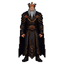 A stern king with a long grey beard, wearing a golden crown with a red jewel and an elaborate dark robe with gold trim and pauldrons.
