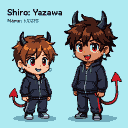 Two chibi figures with brown spiky hair, red eyes, small black horns, red devil tails, and pearl earrings, wearing dark blue zippered hoodies and sweatpants. The figure on the right is larger with a blue tongue and bolder expression, while the figure on the left is smaller and wide-eyed.