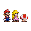 Mario, Princess Peach, and Toad in retro video game pixel art style against a black background.