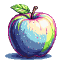 A stylized apple with iridescent blue, purple, yellow, green, and pink pixels against a solid black background.