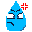 A bright blue, teardrop-shaped character with narrowed white eyes and furrowed brows, conveying intense anger. A red symbol with four intersecting lines is positioned to its upper right.