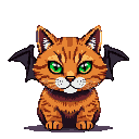A plump ginger cat with emerald green eyes and small bat wings, sitting stoically.