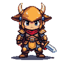 Young warrior in golden armor with horned helmet, serious expression, blue eyes, red scarf, and a sword.