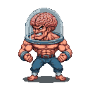 Muscle-bound fighter with a large, exposed brain in a transparent dome, grimacing fiercely.