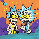 Two Ricks stand in an alien landscape. The Rick on the left clasps his hands, looking concerned. The Rick on the right grins and gives a thumbs-up. The background is an orange sky with purple rocks.