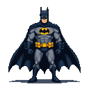 Batman in a grey and blue pixelated suit with a yellow bat symbol on his chest, standing stoically with his cape billowing.