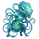 Coiled water elemental with glowing yellow eyes and sharp teeth, composed of translucent cerulean and vibrant green pixels.