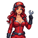 Red-haired woman in a red jumpsuit and cap, holding a wrench, with a playful expression.