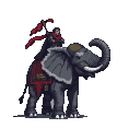 Vampire hunter in dark red-accented attire riding a war elephant with a crimson saddle blanket and golden emblem, elephant lifting its trunk.