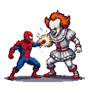 Spider-Man in red and blue suit punches Pennywise the clown, who recoils with a contorted expression.