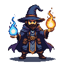 Elemental mage conjuring a blue arcane orb in their left hand and a blazing fire sphere in their right, wearing a flowing blue robe.