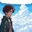 Young man with tousled brown hair and intense blue eyes, mouth open, arm extended in a gesture of freedom against a vast blue sky with billowing white clouds.