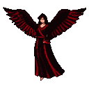 A black and red angel with large feathered wings and a flowing dark robe.