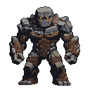 A hulking ground elemental made of jagged stones and packed earth, with glowing yellow eyes.