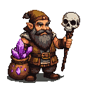 Grizzled dwarf geomancer holding a bag of luminous purple crystals and a skull-topped staff.