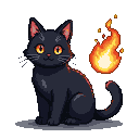 Black cat with fiery orange eyes, looking forward, next to a dancing pixelated orange and yellow flame. The cat's tail has a fiery tip.