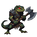 Lizard berserker with mottled green and yellow scales, glowing red eyes, dark armor, and tattered leather, gripping a massive battle-worn axe.