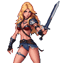 Warrior woman with flowing blonde hair and blue eyes holding a sword.