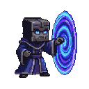 A wizard with a cube-shaped head and blue eyes conjures a swirling portal of electric blue and violet energy.