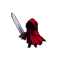 A cloaked figure in a red garment holds a silver sword aloft.