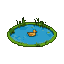 A warm-toned duck floats on a tranquil blue pond with a green border.