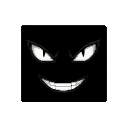 Piercing white eyes with angular pupils above a wide, toothy pixelated grin in a black void.