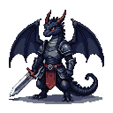 A dark-scaled dragon in segmented armor grips a silver sword, with fiery orange eyes.