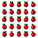 Several pixelated red apples with green leaves and stems arranged in a grid on a black background.